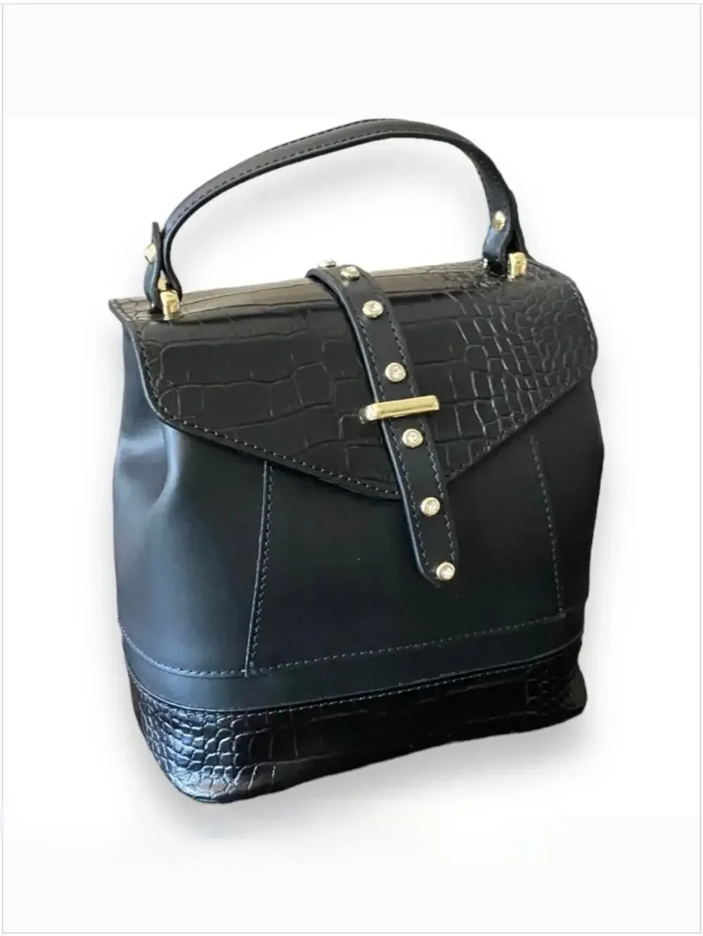 House of Harlow 1960 Black Leather Crystal Stud Backpack Shoulder Top Handle Bag